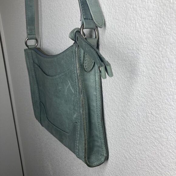 Frye Melissa Leather Zip Crossbody Bag Green Sky Tone Adjustable Strap 8x11" - Picture 5 of 16